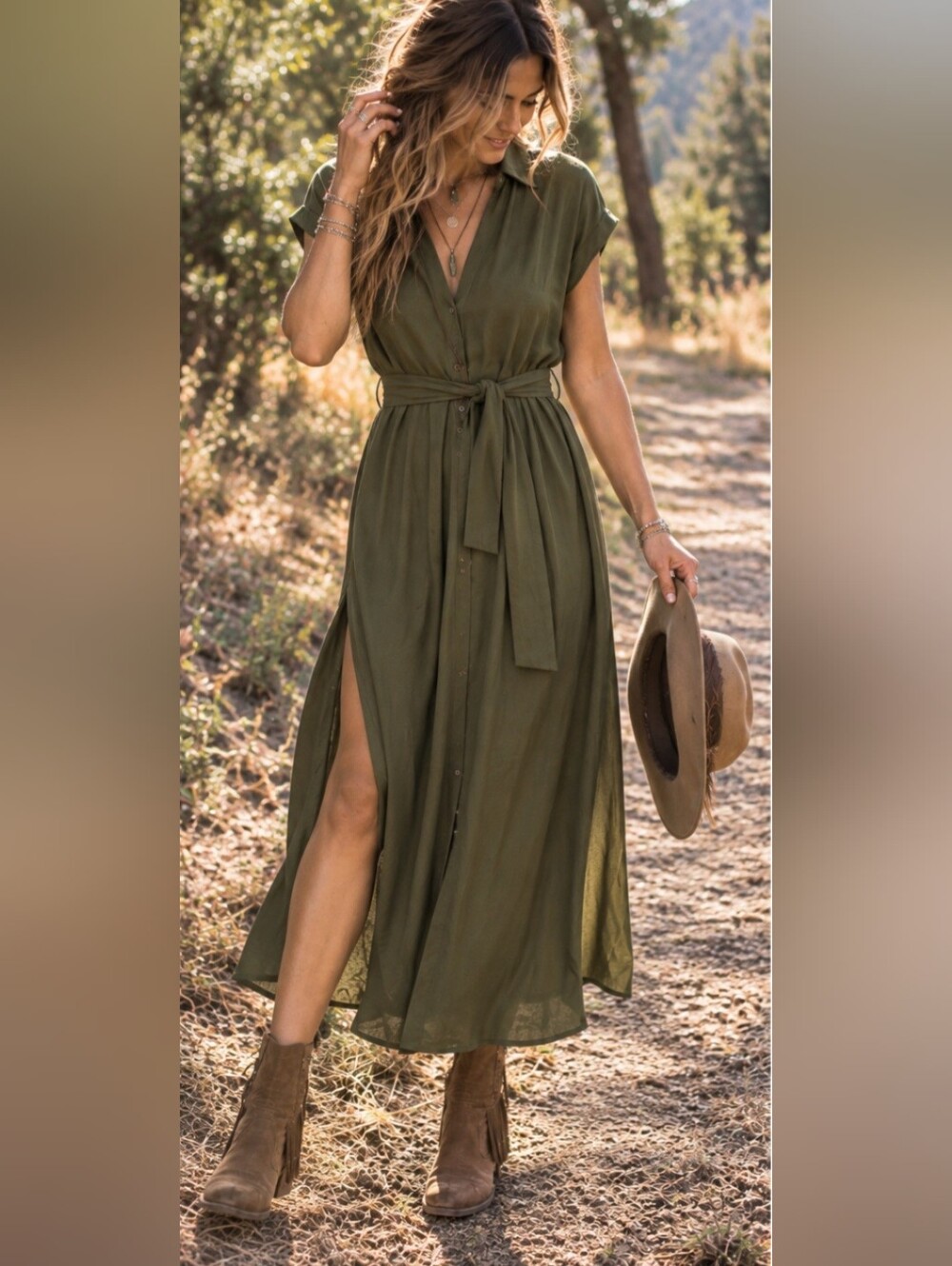 Zara Olive Green Boho Belted Slit Midi Dress